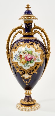 Lot 54 - Royal Crown Derby blue ground vase and cover, painted by Cuthbert Gresley, signed