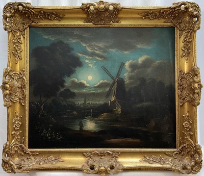 Lot 1074 - Attributed to Sebastian Pether (1790-1844) oil on canvas, moonlit river landscape with a figure by a windmill in the foreground, in later gilt frame, 49 x 59cm