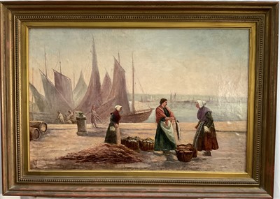 Lot 112 - English School 19th century, oil on canvas, fisher women selling the catch on a quay, fishing vessels beyond, in gilt frame, 49 × 76cm