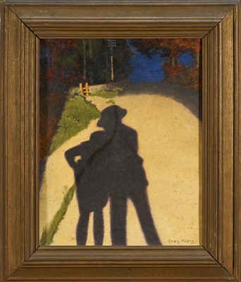 Lot 1127 - *Charles Pears (1873-1958) oil on board - Shadows, a sinister scene of the shadow of a lady being propped up by a man in car headlights, circa 1930s, 32cm x 26cm, framed