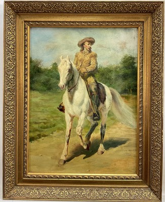 Lot 181 - American School, 20th century, oil on canvas, portrait of Buffalo Bill riding on a grey horse, 38 × 28cm, in gilt frame