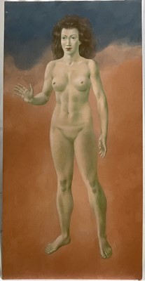 Lot 1112 - *Francis Plummer (1930-2019) egg tempera on board, Standing female nude, 122cm x 61cm, unframed