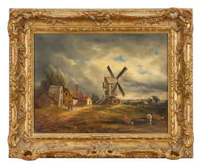Lot 1353 - John Moore of Ipswich (1820-1902) oil on panel - Suffolk Landscape with Post Mill, signed, 19cm x 25.5cm, in gilt frame.