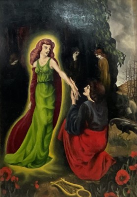 Lot 1116 - *Francis Plummer (1930-2019) oil on card, allegorical work, 80cm x 54cm, framed