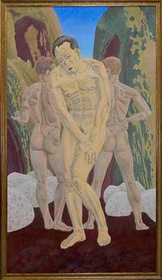 Lot 1241 - *Francis Plummer (1930-2019) egg tempera on board, Three standing male figures, signed and dated P. '07, 242cm x 136cm, gilt frame