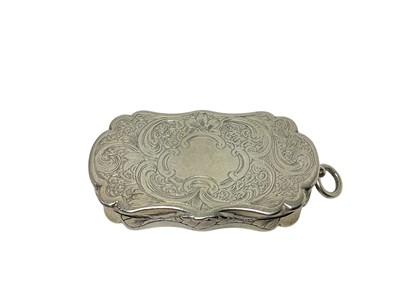 Lot 297 - Victorian silver vinaigrette of shaped rectangular form, with suspension ring, engraved decoration