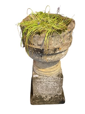 Lot 1532 - Pair of weathered reconstituted antique stone garden urns