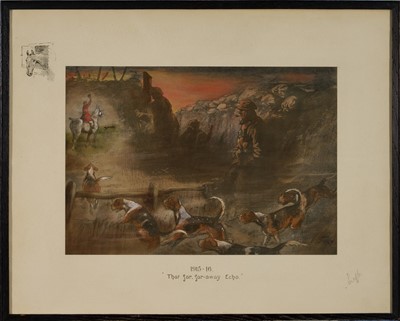 Lot 967 - *Snaffles, Charles Johnson Payne (1884-1967) signed hand-coloured print - That far, far-away Echo, with snaffle blindstamp, 40cm x 50cm, in glazed frame