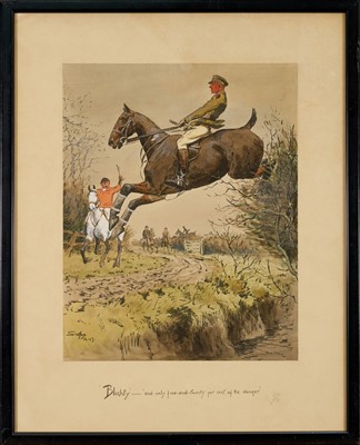 Lot 961 - *Snaffles, Charles Johnson Payne (1884-1967) signed hand-coloured print - "Blighty - and only five-and-twenty per cent of the danger", 54cm x 43cm, in glazed frame