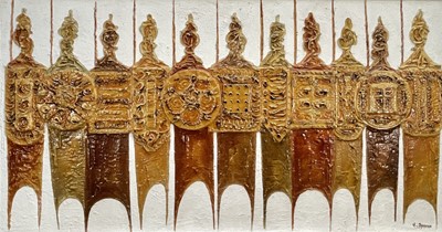 Lot 52 - George Spence (b.1931) mixed media on board - Standing Figures, signed, 61cm x 116cm, in aluminium frame