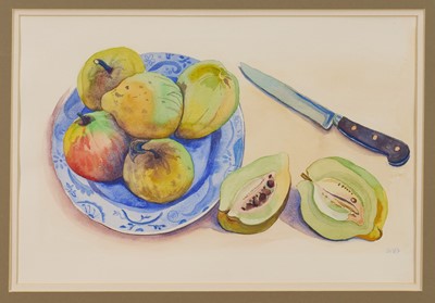 Lot 1137 - *Joan Warburton (1920-1996) watercolour - Still Life Quinces, Apples & Medlars on a Blue Plate