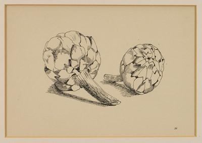 Lot 1138 - *Joan Warburton (1920-1996) pen and ink drawing - Still Life Artichokes, initialled, 24cm x 35cm, in glazed gilt frame