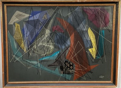 Lot 29 - Abstract embroidery in the style of John Tunnard, 57cm x 78cm, glazed frame