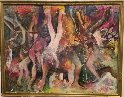 Lot 27 - Rosalie de Meric (1916-1999) mixed media, Tumbling figures, signed and dated 1990 in pencil, 72 cm x 92cm, glazed frame