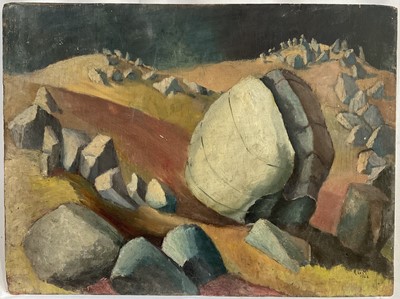Lot 28 - Rosalie de Meric (1916-1999) oil on board, standing stones, signed and dated 1946, with J Leger & Son label (utilising the backboard to a John Sell Cotman work)