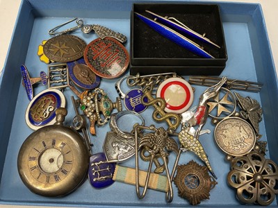 Lot 43 - Group of silver and white metal brooches including two blue enamel silver bar brooches, various other enamelled pins, silver cased half hunter pocket watch and other jewellery