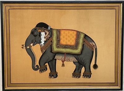 Lot 87 - Indian painting on silk of an Elephant, 42.5cm x 57.5cm, in glazed frame.