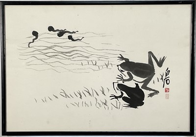 Lot 86 - After Qi Baishi, print of Frogs and Tadpoles, 38.5cm x 56cm, in glazed frame