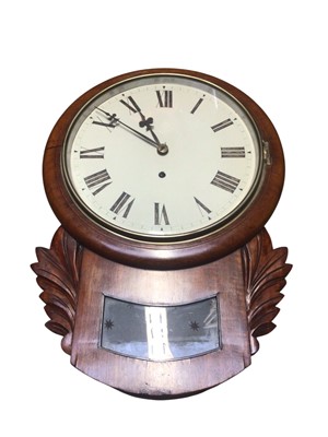 Lot 2915 - Late 19th century drop dial wall clock with spring driven movement, white painted dial and frosted etched glazed panel in mahogany case with pendulum 54cm high