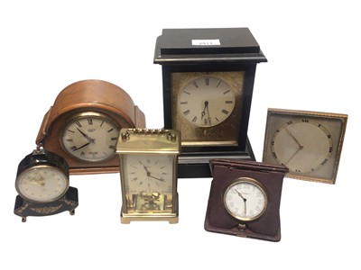 Lot 2911 - Late 19th century French mantel clock with white and gilt dial, 8 day French movement in ebonised case 23cm high, two Smiths electric clocks and sundry timepieces