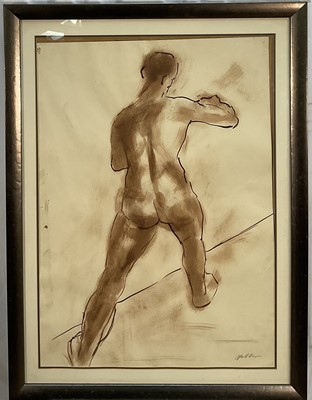 Lot 92 - 20th century monochrome pen and wash study of a male nude in boxing stance, indistinctly signed, 83cm x 59cm, in glazed frame.
