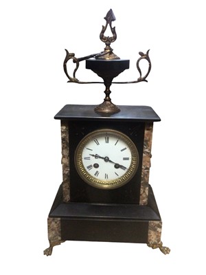 Lot 2910 - Victorian slate and marble cased mantel clock with urn surmount, French movement striking on bell on splayed paw feet, 41cm, key and pendulum present