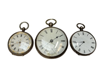 Lot 166 - Victorian silver cased pocket watch with key wind fuseé movement signed J. Rowley, Tarporley and two silver cased fob watches (3)