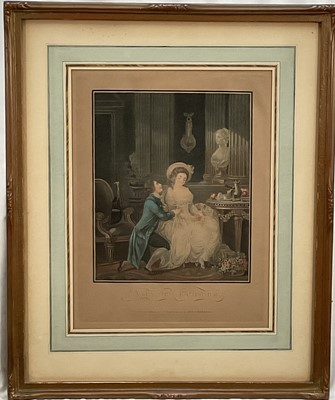 Lot 5132 - Four coloured engravings after Louis Marin Bonnet, Fragonard and Carèsme, The Broken Fan and The Lover Heard, The Intended Flight and La Petite Thérese, 35.5cm x 27cm, mounted in glazed frames