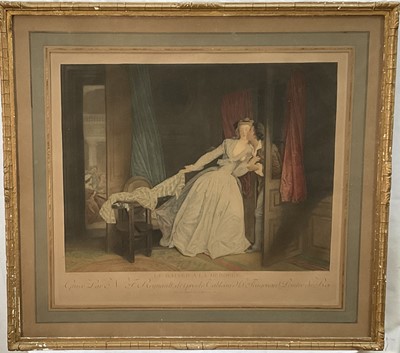 Lot 96 - Two coloured prints after Boilly and Fragonard, Prèlude de Nina47cm x 36cm and The Stolen Kiss, 43cm x 49cm in glazed gilt frames