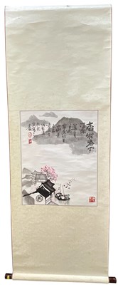 Lot 93 - Chinese scroll painting, Spring blossoms south of Yangtze river, with seal marks, 162cm x 58cm, on wooden pole.