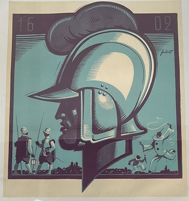 Lot 226 - Noël Fontanet (1898-1982) lithograph, poster artwork for 'Casques et Masques' 1938, performed by 'Les Compagnons 1602', at the Salle de Reformation Geneva, laid on cotton canvas backing ...