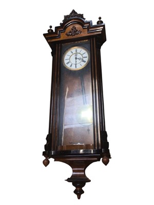 Lot 2917 - Late 19th century Vienna-style regulator hanging wall clock with enamel dial, twin brass weights and pendulum, 130cm high