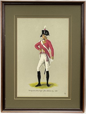 Lot 90 - Five 20th century illustrations of late 18th early/19th century British officers dress, each signed with initials LK, 37cm x 24cm, in glazed frames Provenance: Christie's 20 March 2011, Lot 108