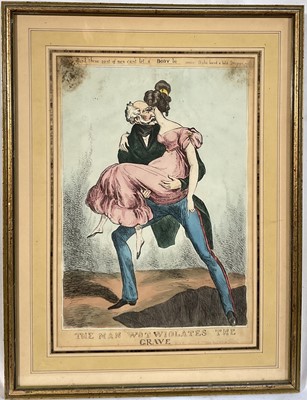 Lot 88 - 19th century hand-coloured satirical etching by William Heath, 'The Man Wot Violates The Grave', (Lady Graves and Duke of Cumberland) published Jan. 30 1830 Thomas McLean Haymarket, glazed frame...
