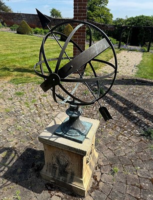Lot 1462 - A large verdigris metal armillary sphere on composition pedesta