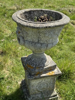Lot 1466 - Pair of large Grecian style garden urns on square stands