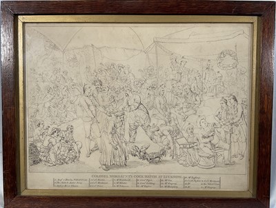 Lot 89 - After Zoffany- a numbered Key to figures in Zoffany's mezzotint of Colonel Mordaunt's Cockmatch at Ludlow, 27cm x 36cm, in glazed frame