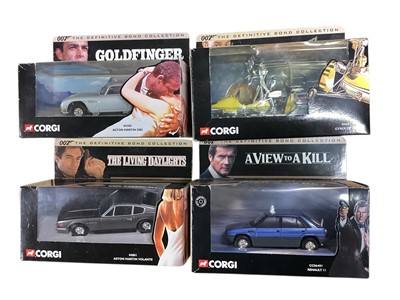 Lot 1818 - Corgi (c2000) The Definitive Collection 007 James Bond 1:36 scale movie vehicles including Goldfinger Aston Martin DB5, Little Nellie Gryrocopter, all in window boxes, plus triple car box set C...