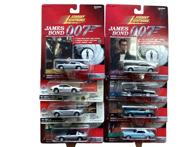 Lot 1820 - Johnny Lightning (c2000) 007 James Bond 1:64 scale diecast movie vehicles, with Collectors Card, mounted on Card (x8), plus three others and Goldfinger American Flashbacks in Time Diorama, Corgi...