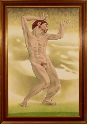 Lot 1244 - *Francis Plummer (1930-2019) egg tempera on board, Christ-like figure with stigmata, signed and dated P. '82, 104cm x 69cm, in glazed frame
