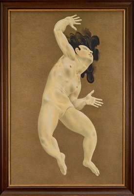 Lot 1240 - *Francis Plummer (1930-2019) egg tempera on board, Reclining female figure with arms outstretched, signed and dated P. '82, 60cm x 90cm, in glazed frame