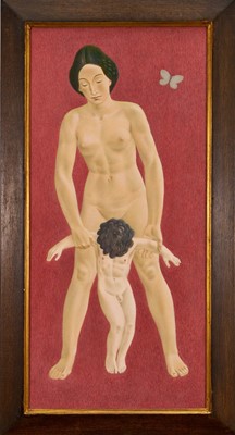 Lot 1239 - *Francis Plummer (1930-2019) egg tempera on board, 'Calvary Mother', signed P. '78, titled verso, 60cm x 28cm, framed