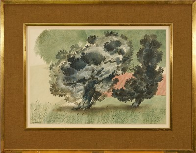 Lot 1252 - *Francis Plummer (1930-2019) watercolour of oak trees, 'Communing', signed and dated '68, titled verso, 34cm x 48cm, glazed gilt frame