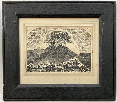 Lot 119 - 20th century English school, linocut print of copse of trees on a hill, 10cm x 14cm, framed