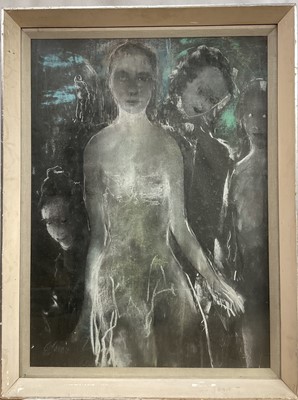 Lot 118 - 20th century pastel, female figures, signed indistinctly, 74cm x 53cm, glazed frame