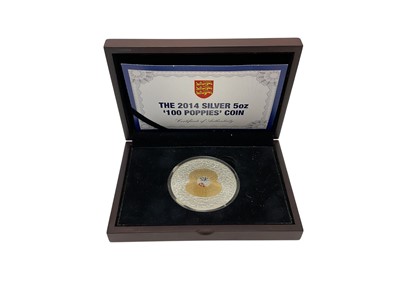 Lot 411 - Jersey - Silver 5oz Ten Pounds '100 Poppies' coin 2014 (N.B. .925 with selective 24ct gold-plating, cased with Certificate of Authenticity) (1 coin)