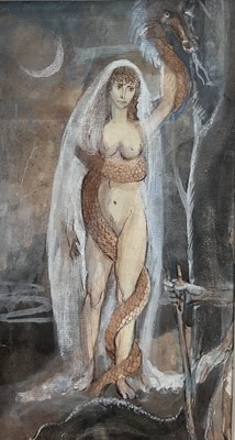 Lot 1218 - *Tom Keating (1917-1984) watercolour - Mythical Maiden, 23cm x 13cm, included glazed frame. Together with a folder of evidence from the Metropolitan Police Old Bailey