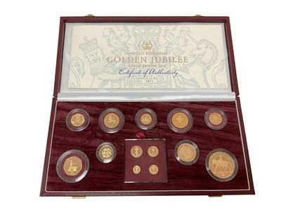 Lot 419 - G.B. - Gold proof set 'Golden Jubilee' 2002 to include £5, £2, Sovereign, 50p, 20p, 10p, 5p, 2p, 1p & four coin maundy set (N.B. Gross Wt. 148.65gms, total troy ounces 4.38, cased with Certi...