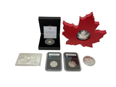 Lot 435 - World - Mixed coins & medallions to include Tristan Da Cunha 9ct gold One Crown commemorating 80th Anniversary of George VI's Coronation 2017 (N.B. Wt. 1gm), Canada maple leaf silver $20 201...