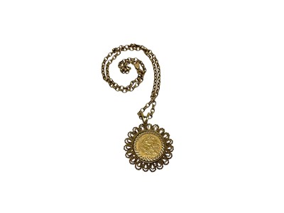Lot 437 - G.B. - Gold Half Sovereign Elizabeth II 1982 set in 9ct gold ring mount with chain (N.B. Total Wt. 16.5gms) (1 coin)